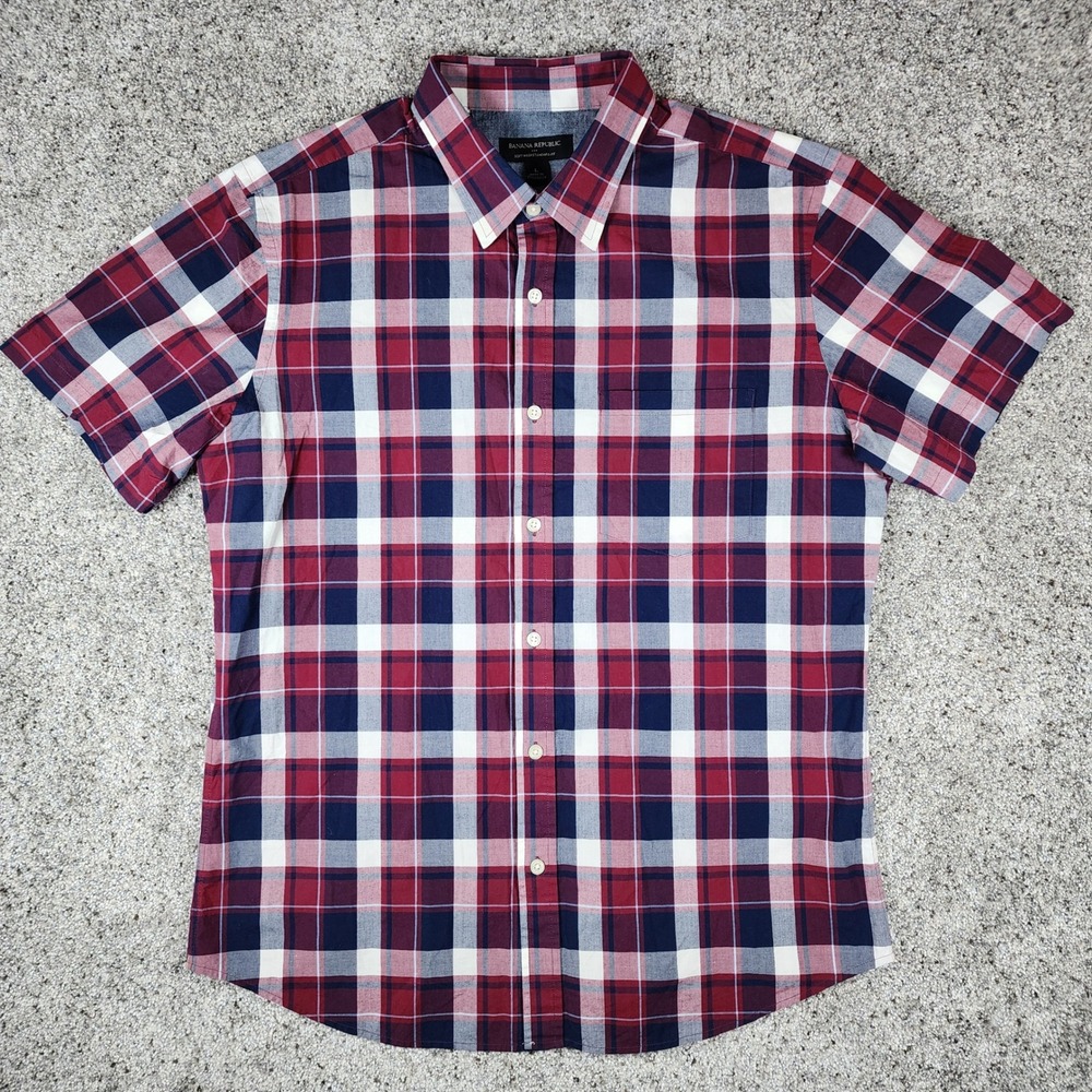 Banana Republic Shirt Mens Large Plaid Soft Wash Standard Fit Short Sleeve EUC